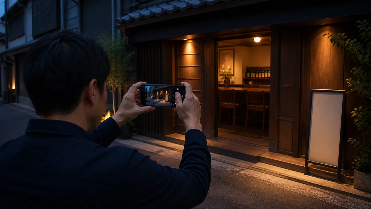 夕方の店舗入口をスマートフォンで撮影する店主