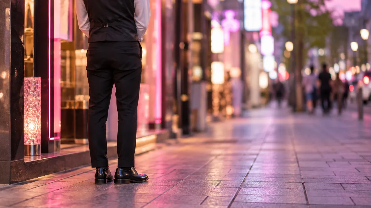 宵の繁華街の歩道で、店の入口の脇に立つスタッフの後ろ姿