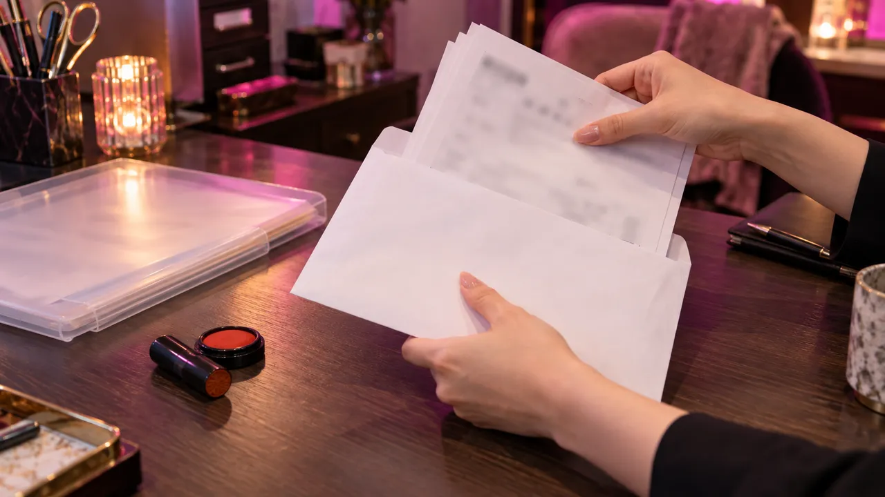 閉店後の事務机で、白い封筒に書類を入れる手元。横にクリアファイルと印鑑