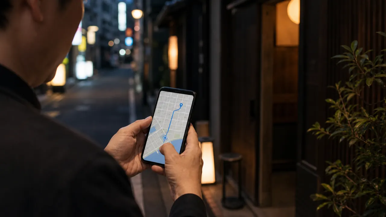 店舗周辺の地図とGoogleビジネスプロフィールを確認するスマートフォン